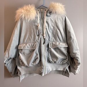 Fansilanen SOFTSatin Corduroy Winter Coat With Removable Fox Fur Lined Hood Sz M